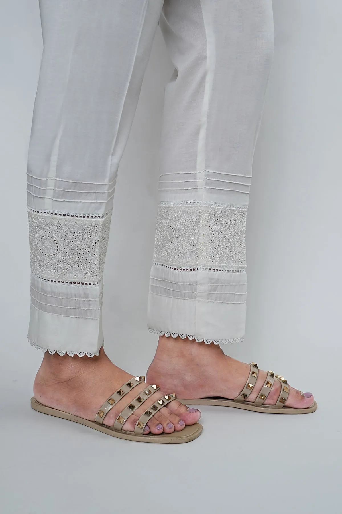 3668-WHITE EMBROIDERED COTTON TROUSER STITCHED