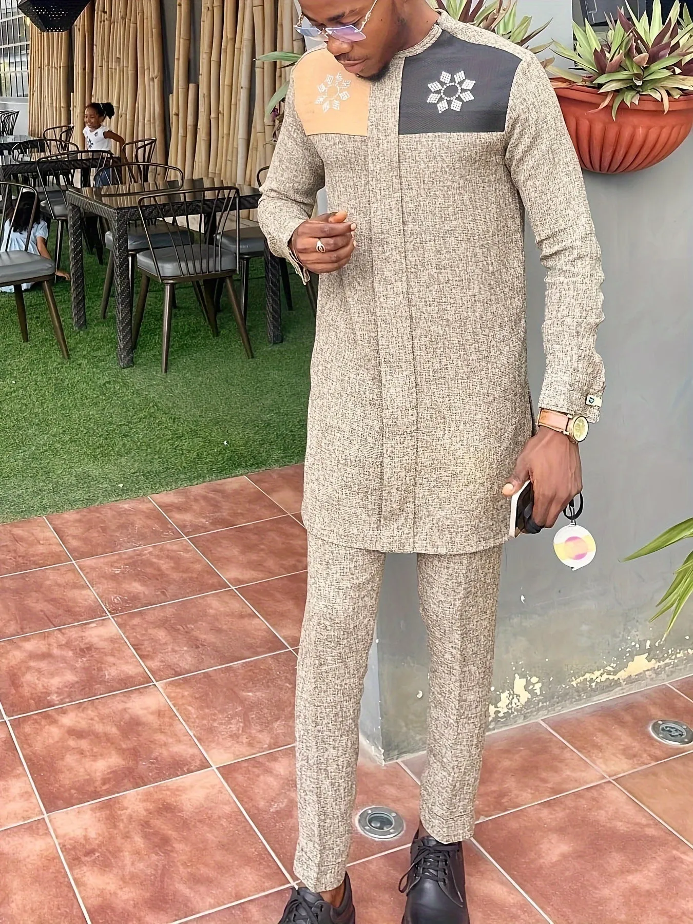 African Mens Senator Wear Kaftan | Light Blue & Beige