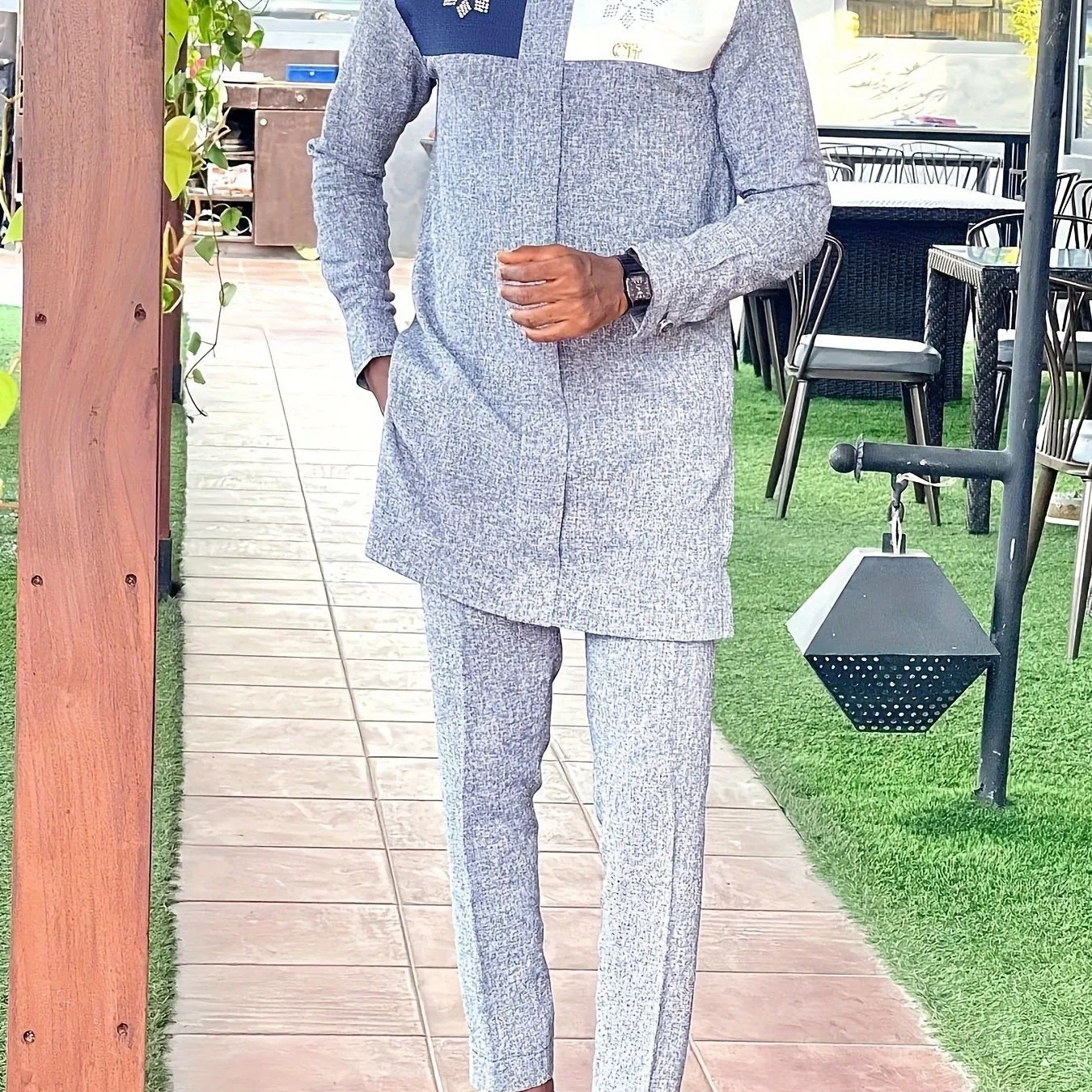 African Mens Senator Wear Kaftan | Light Blue & Beige