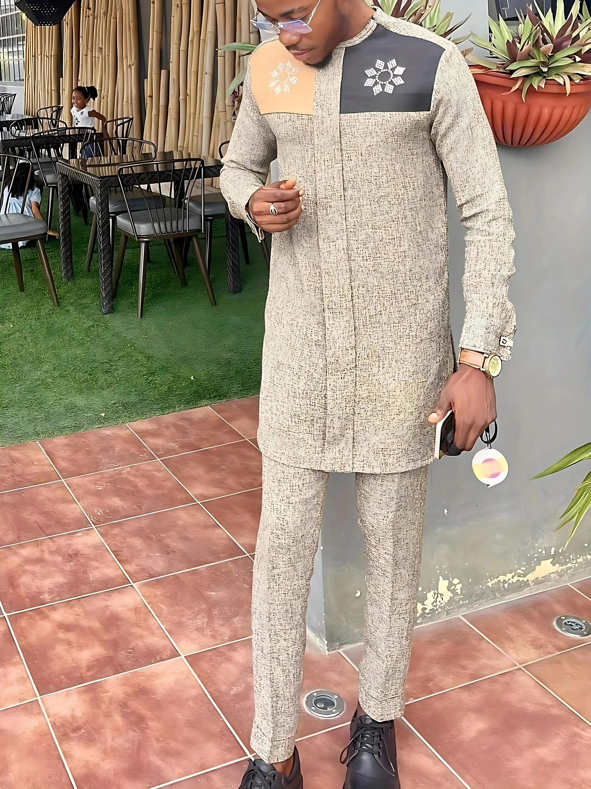 African Mens Senator Wear Kaftan | Light Blue & Beige