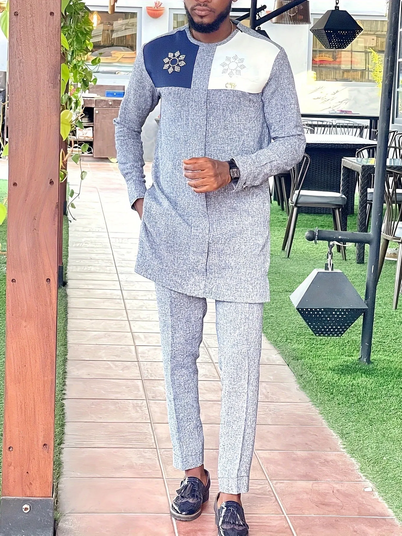 African Mens Senator Wear Kaftan | Light Blue & Beige