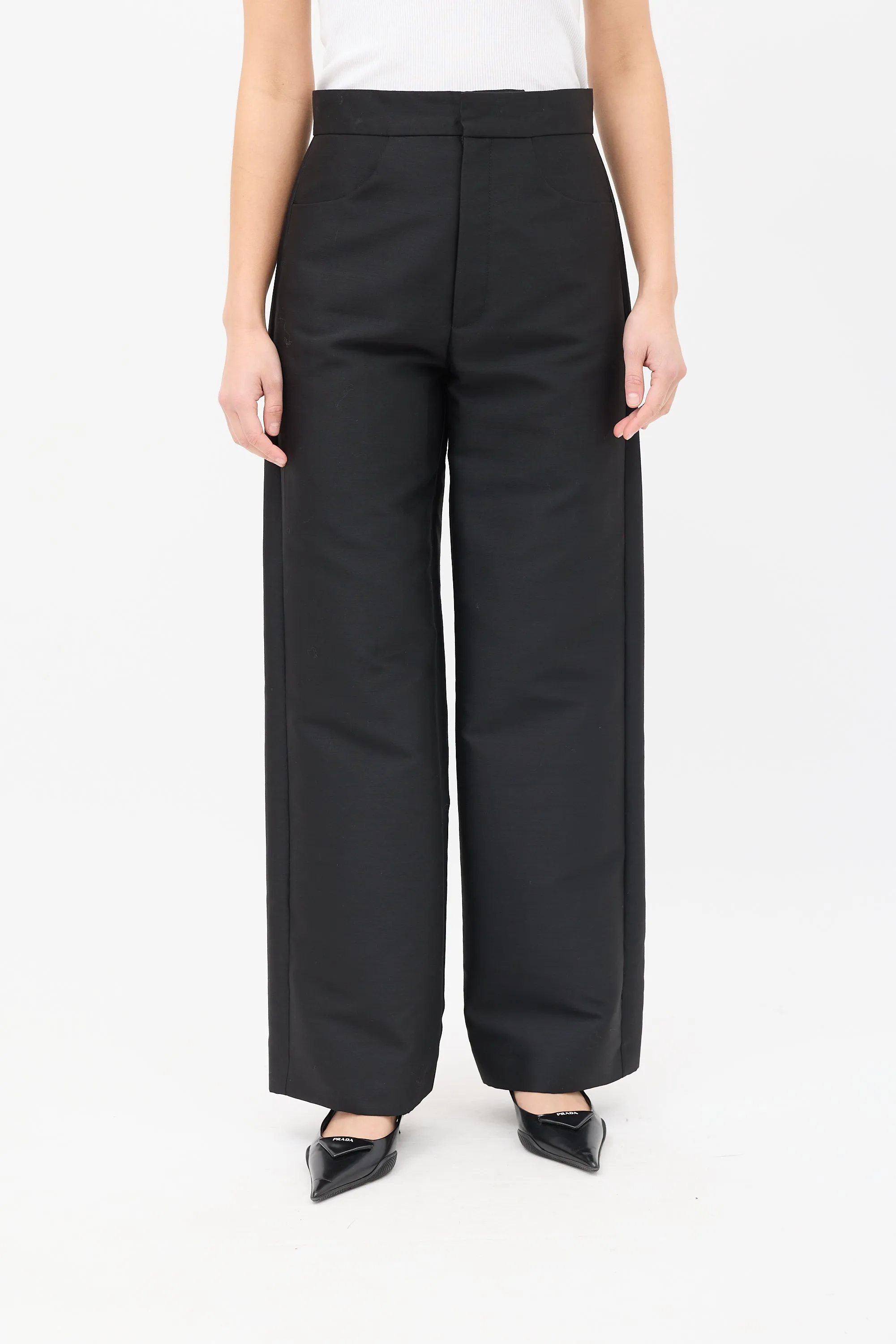 Black Cotton & Wool Straight Leg Trousers