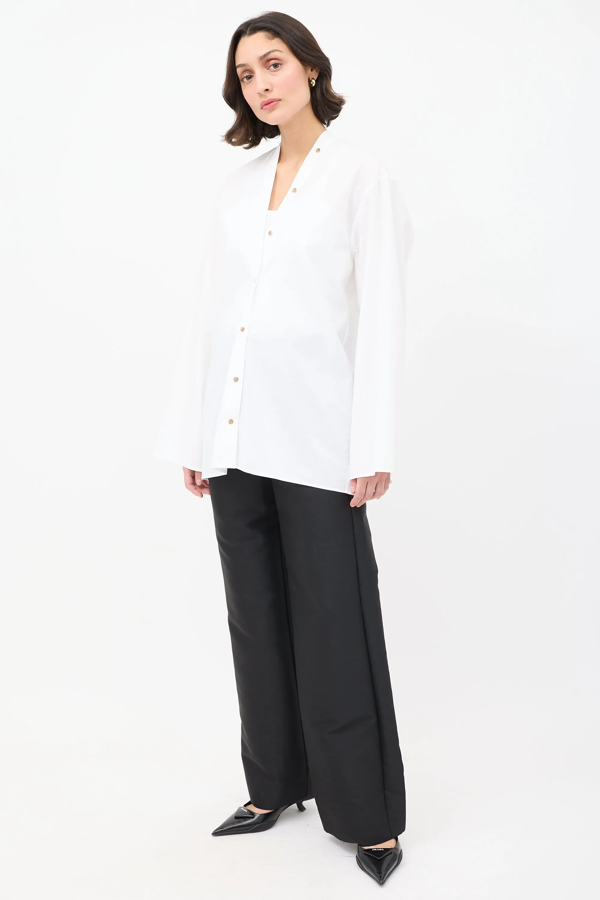 Black Cotton & Wool Straight Leg Trousers