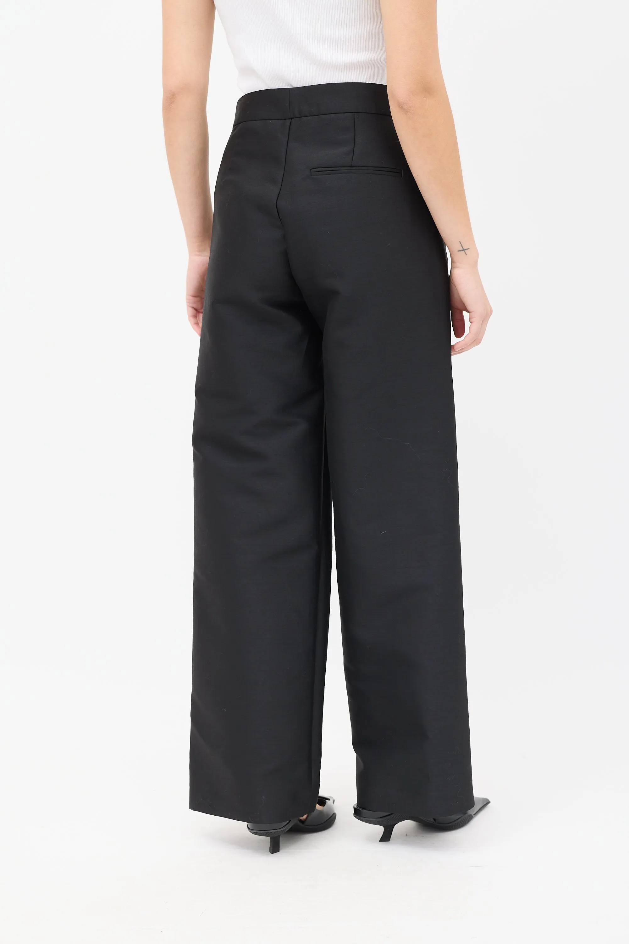 Black Cotton & Wool Straight Leg Trousers