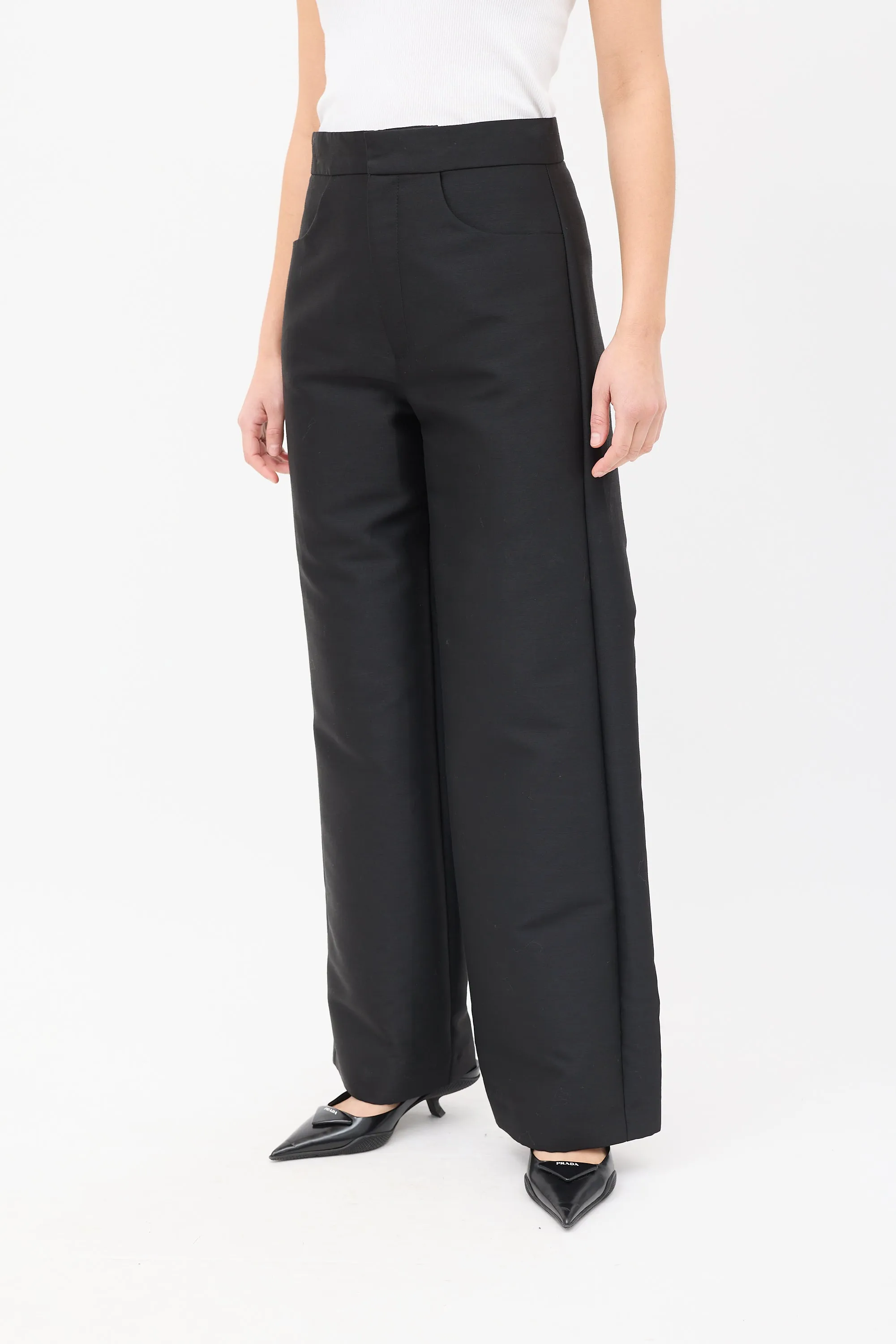 Black Cotton & Wool Straight Leg Trousers