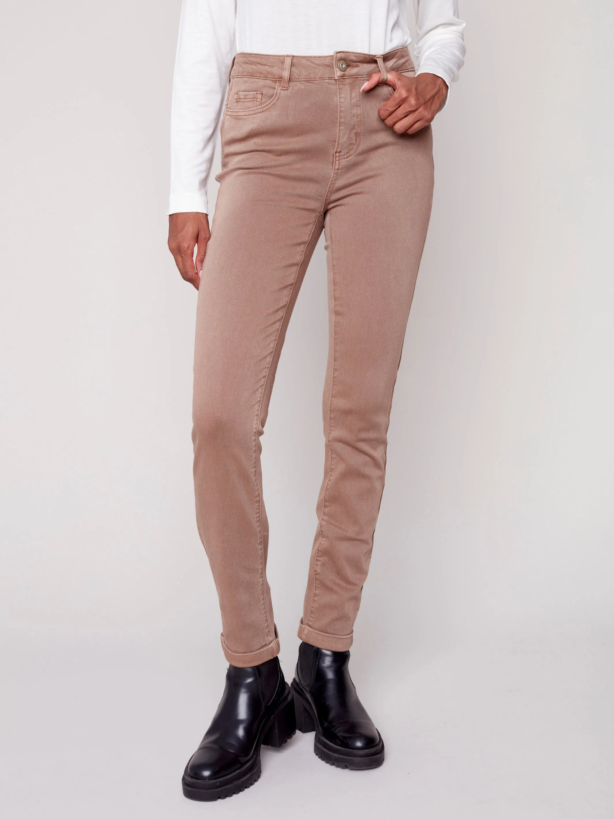 Cuffed Hem Twill Jeans - Truffle