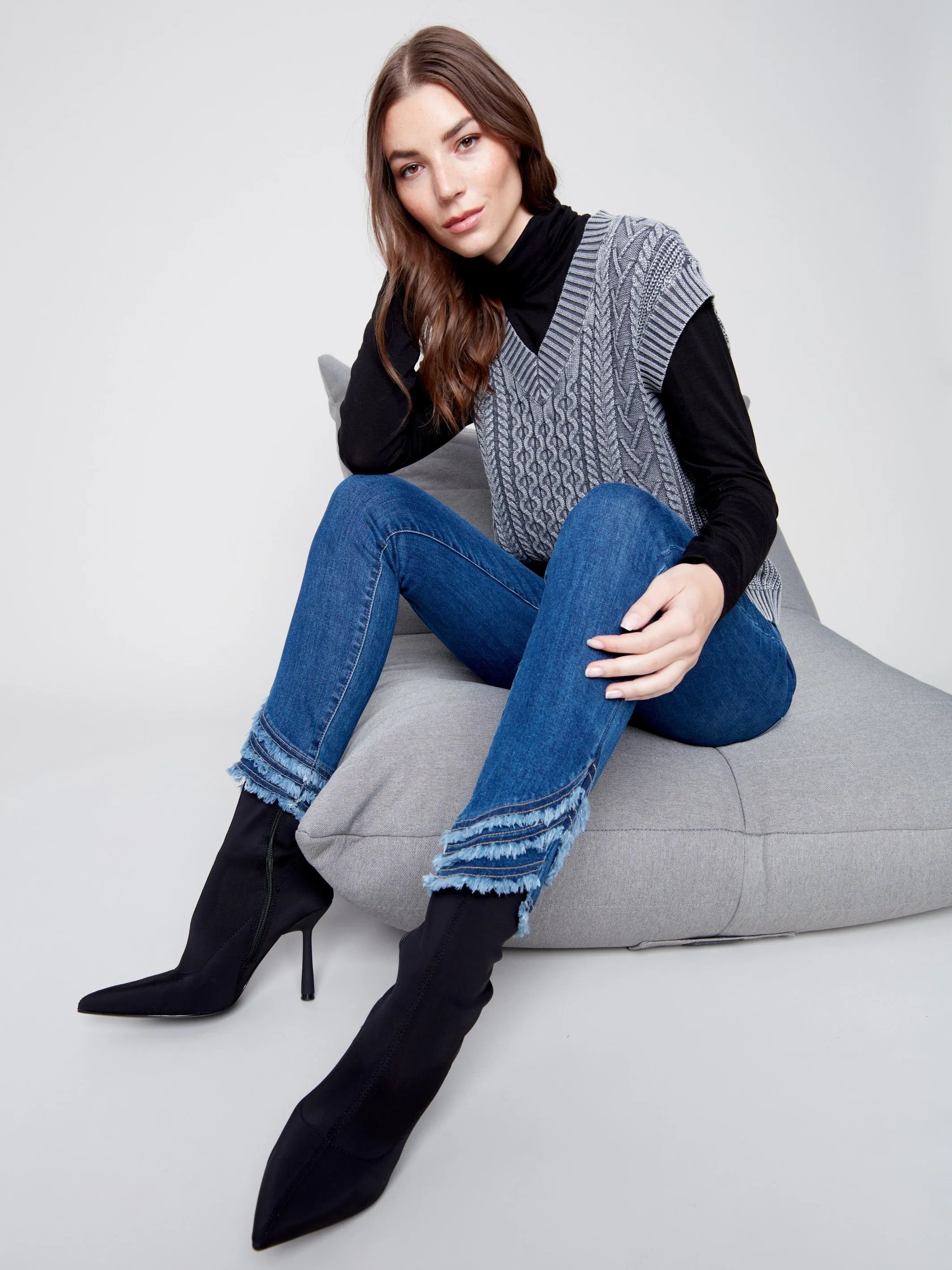 Frayed Hem Denim Pants - Blue Jean