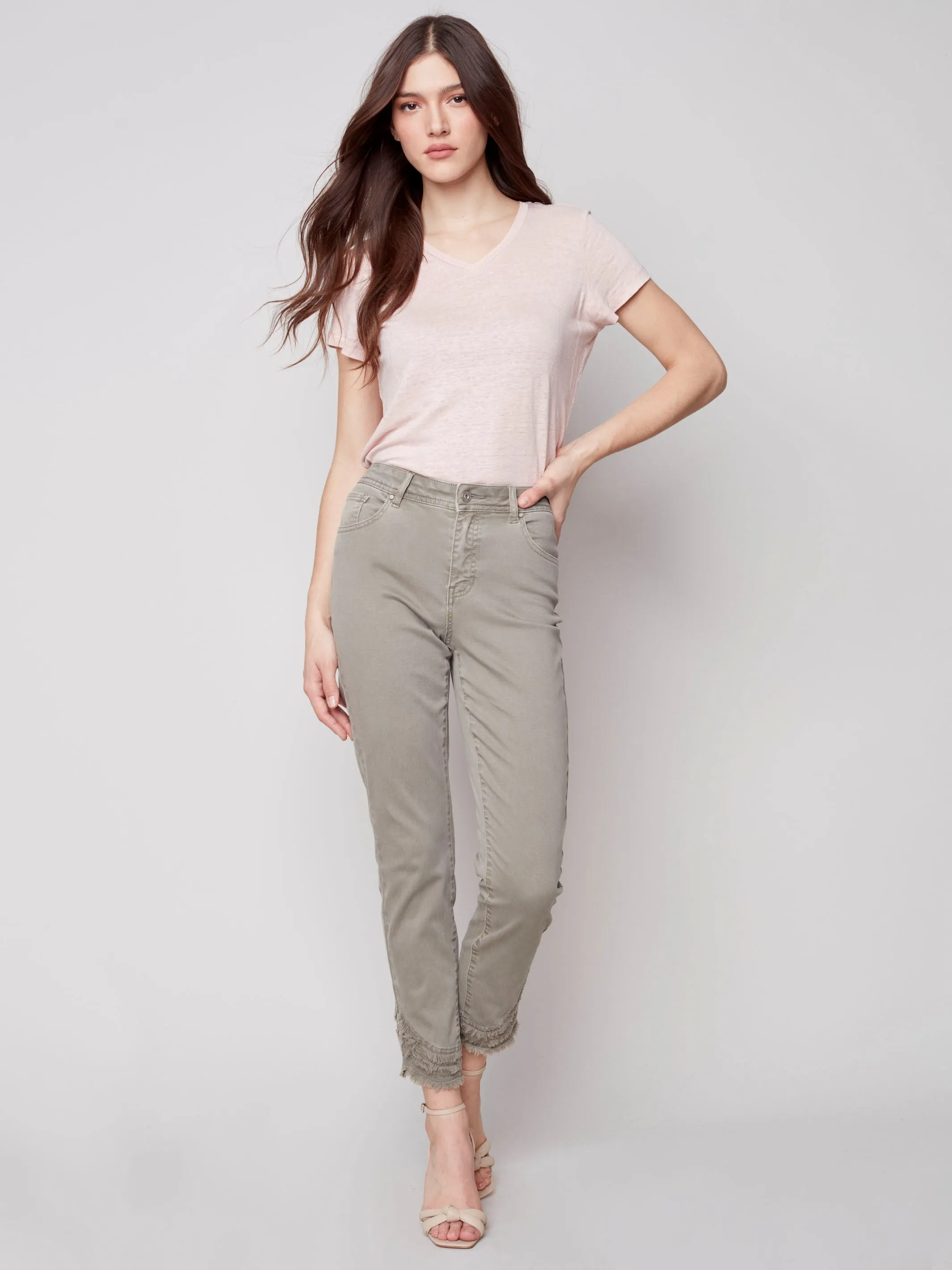 Frayed Hem Denim Pants - Celadon