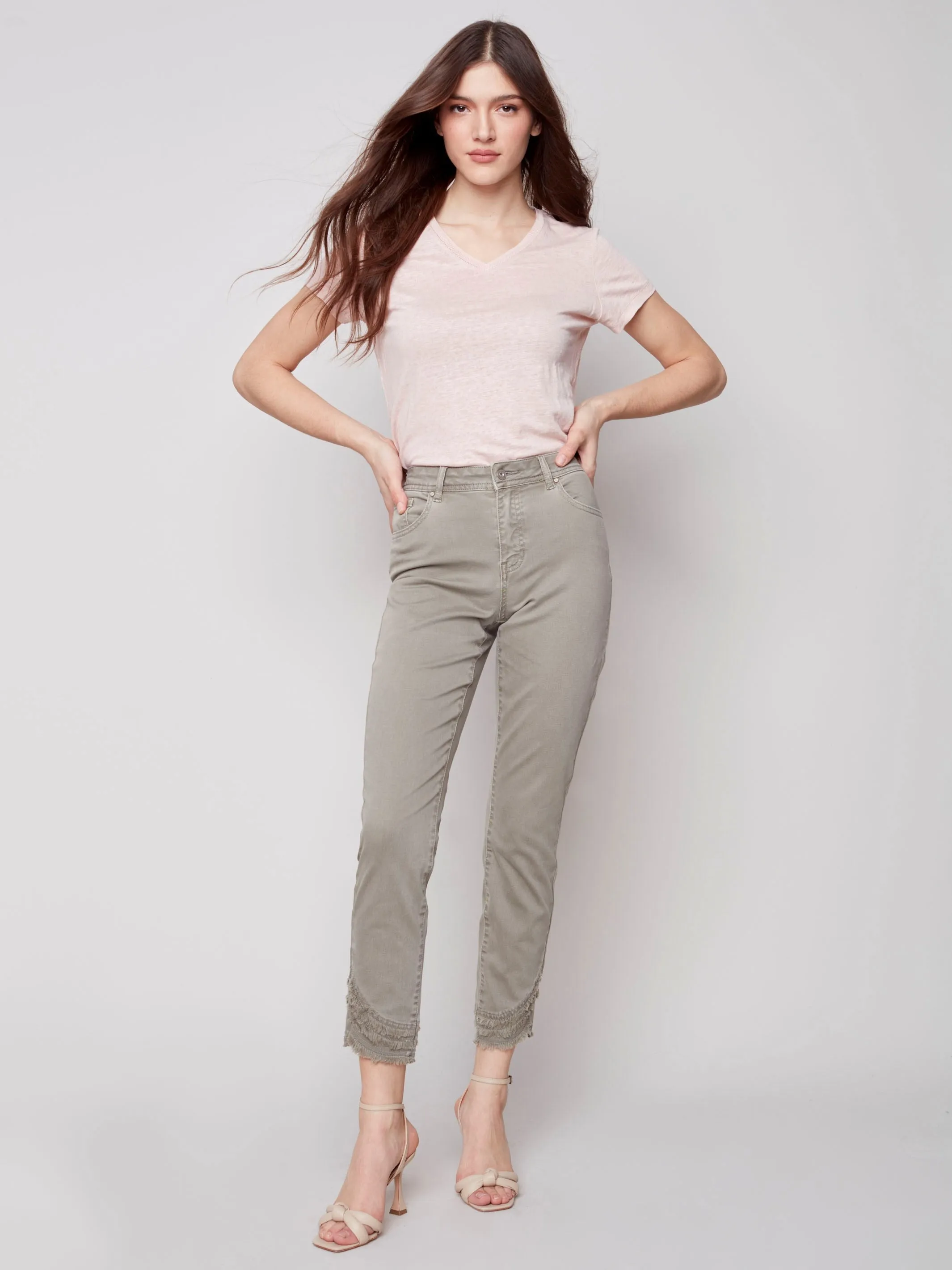 Frayed Hem Denim Pants - Celadon