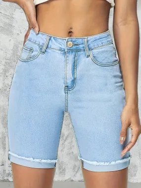 High Stretch Rolled Hem Denim Shorts - Curve-Enhancing, Slash Pockets, Comfort-Fit Ideal for Casual Daily Wear