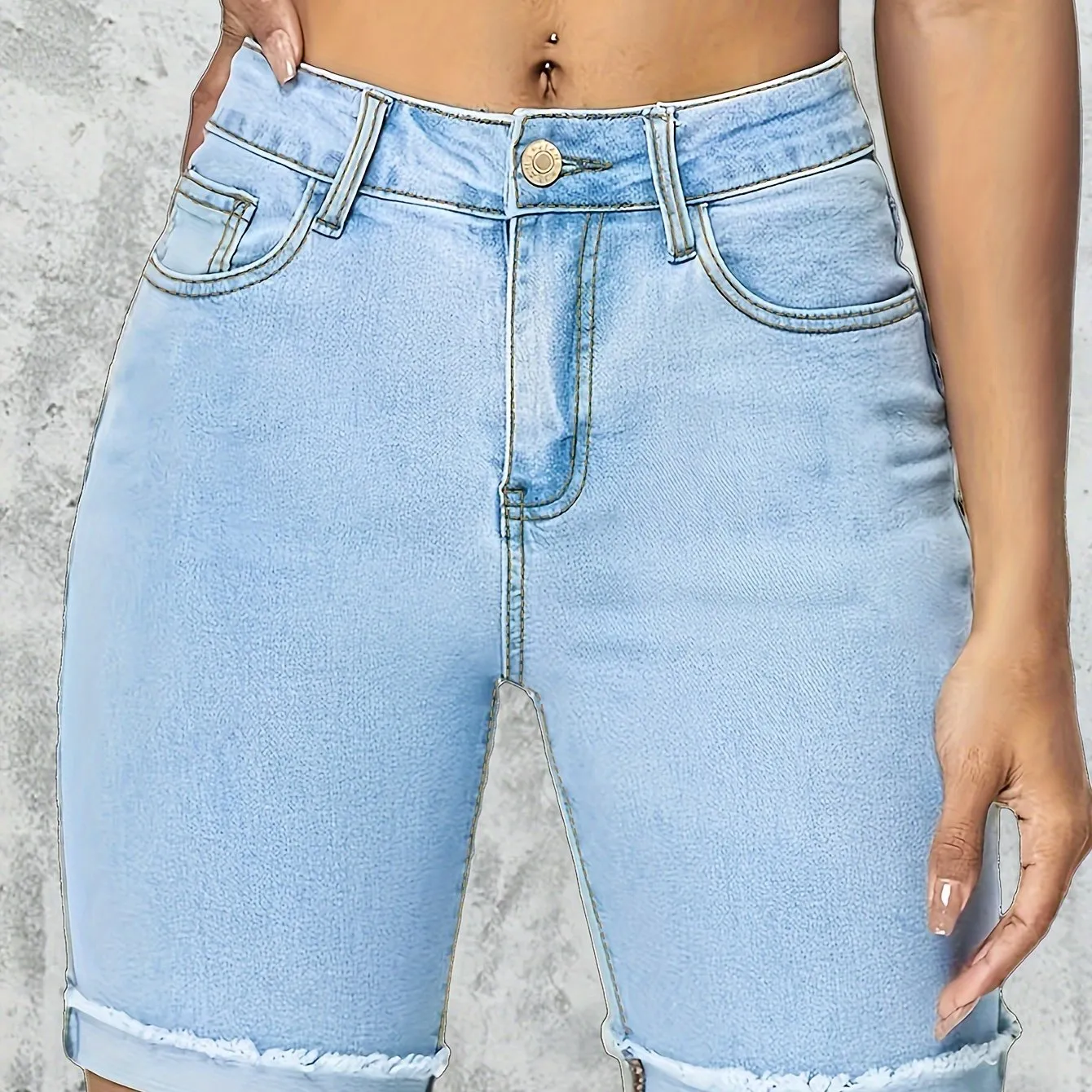 High Stretch Rolled Hem Denim Shorts - Curve-Enhancing, Slash Pockets, Comfort-Fit Ideal for Casual Daily Wear