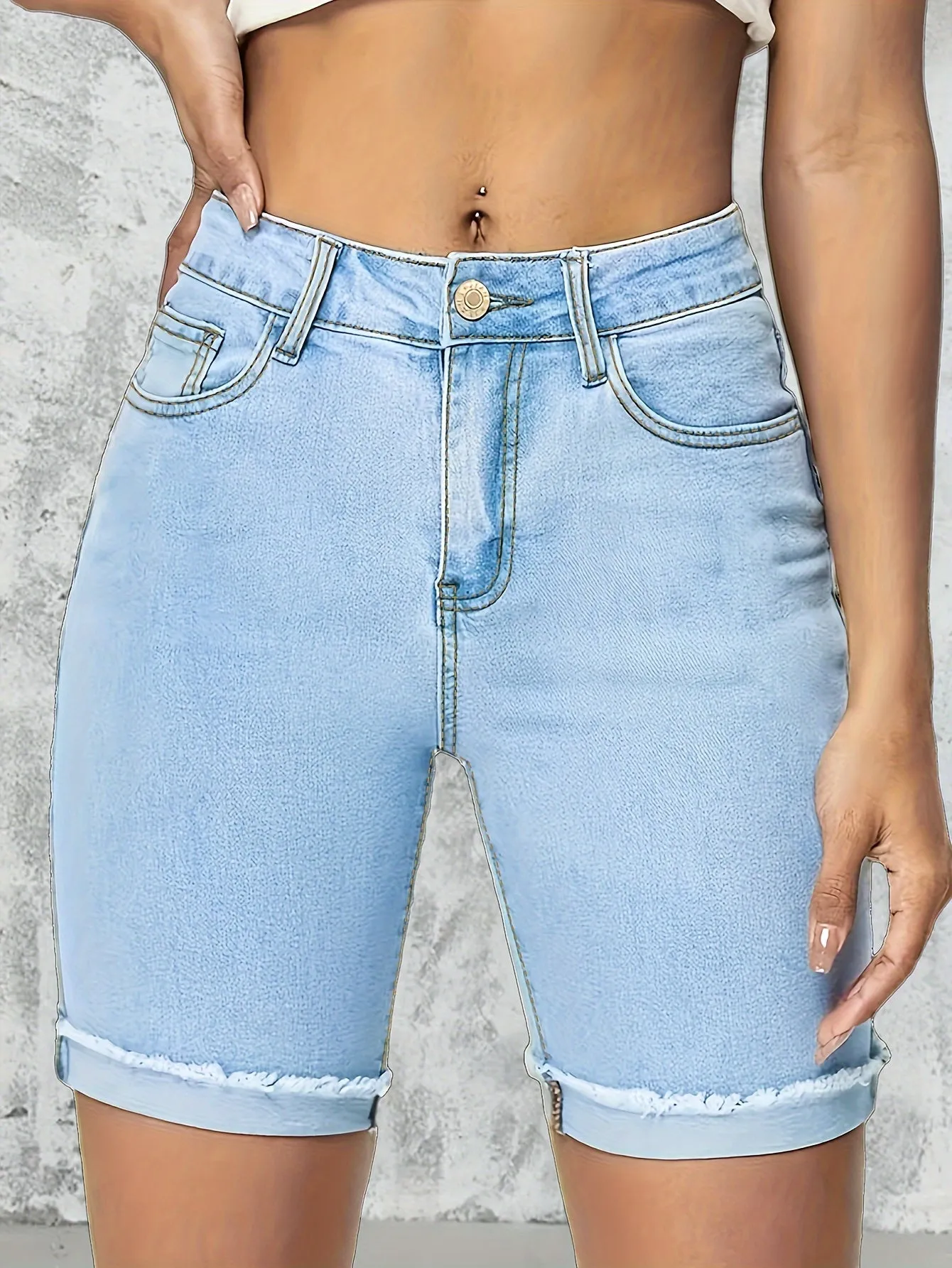 High Stretch Rolled Hem Denim Shorts - Curve-Enhancing, Slash Pockets, Comfort-Fit Ideal for Casual Daily Wear