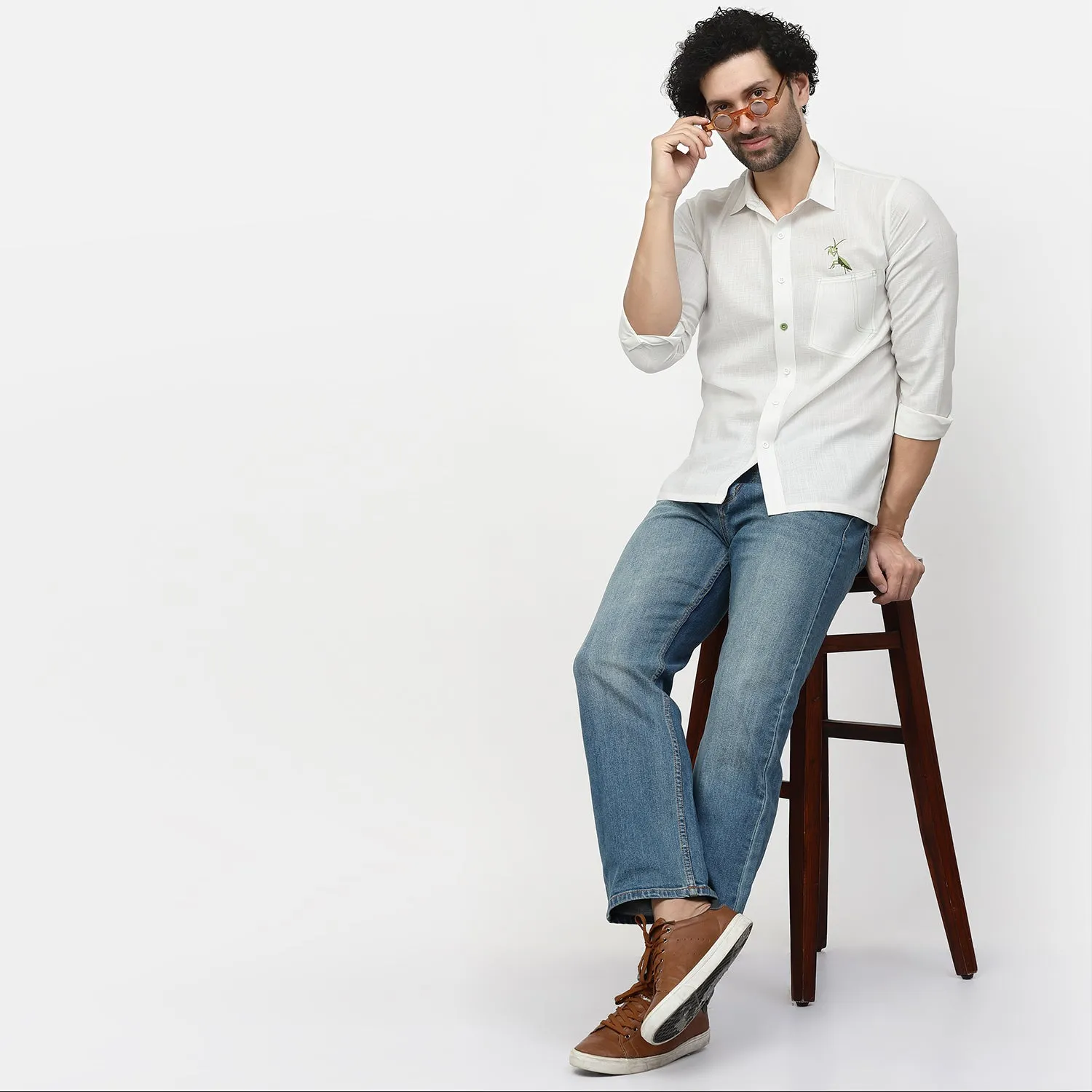 Linen Shirt With Grasshopper Embroidery
