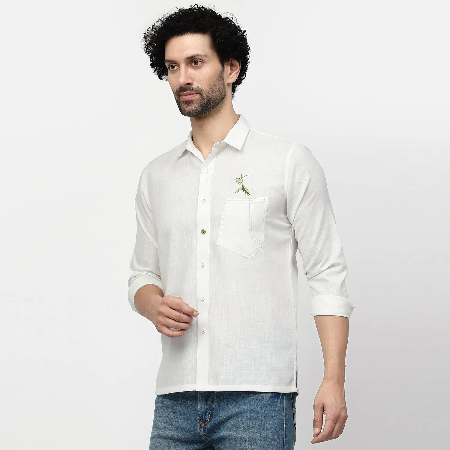 Linen Shirt With Grasshopper Embroidery