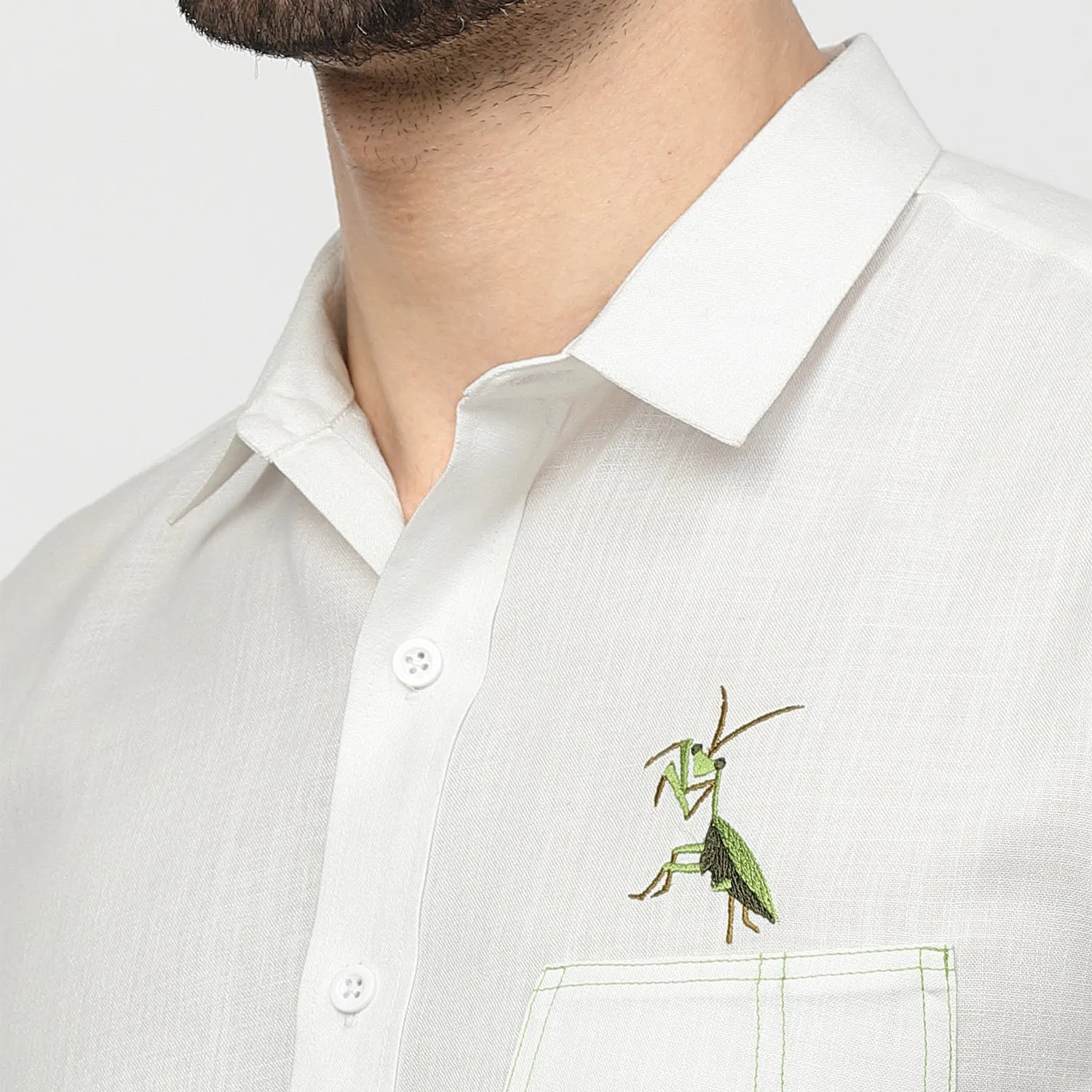 Linen Shirt With Grasshopper Embroidery