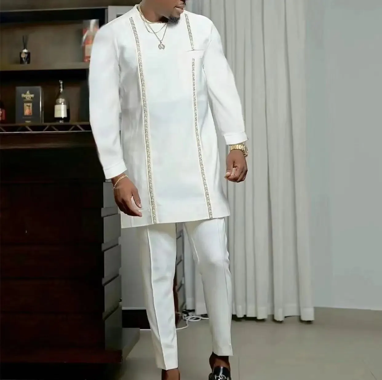 Men Suit Solid Color Button Jacket and Suit Pants