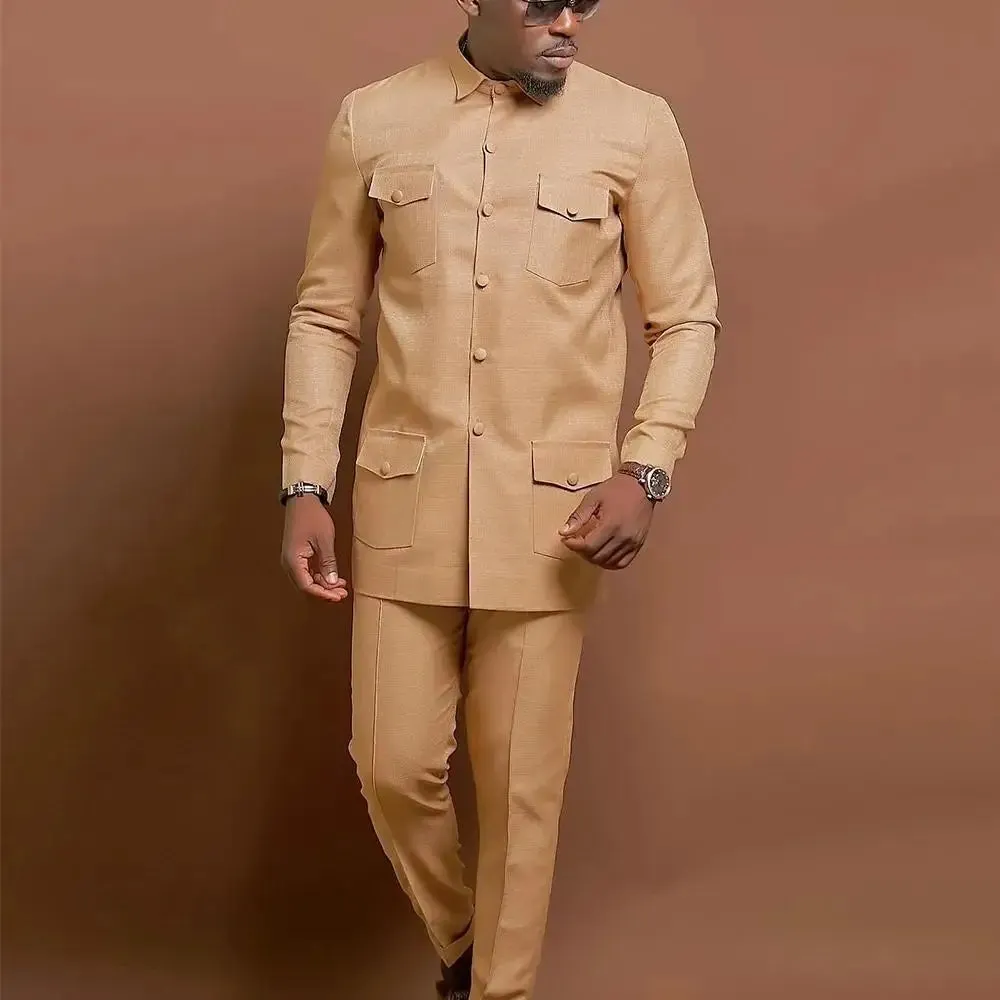 Men Suit Solid Color Button Jacket and Suit Pants