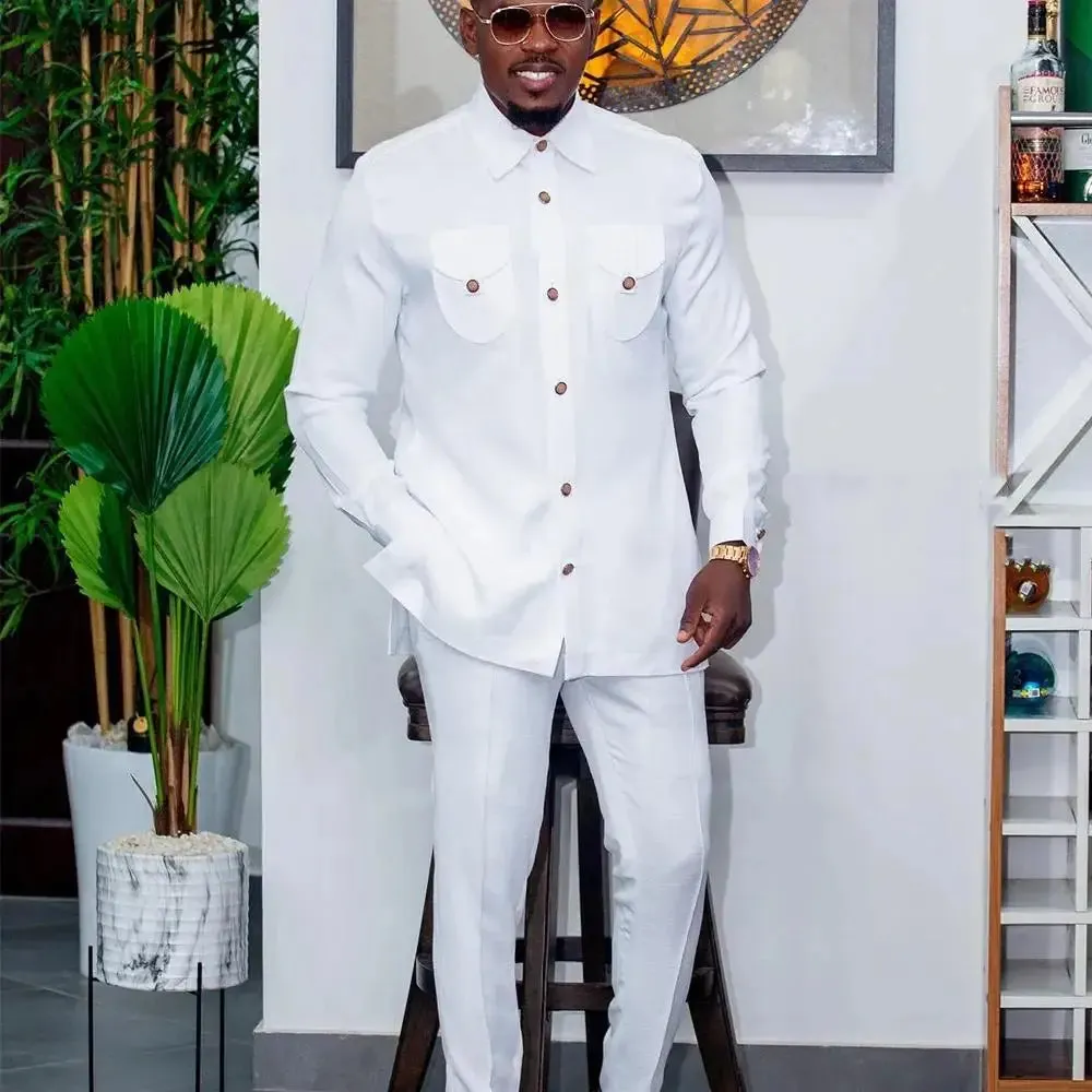 Men Suit Solid Color Button Jacket and Suit Pants